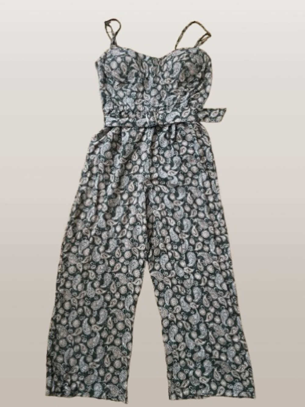 Women’s Green Paisley Wide-Leg Jumpsuit with Belt